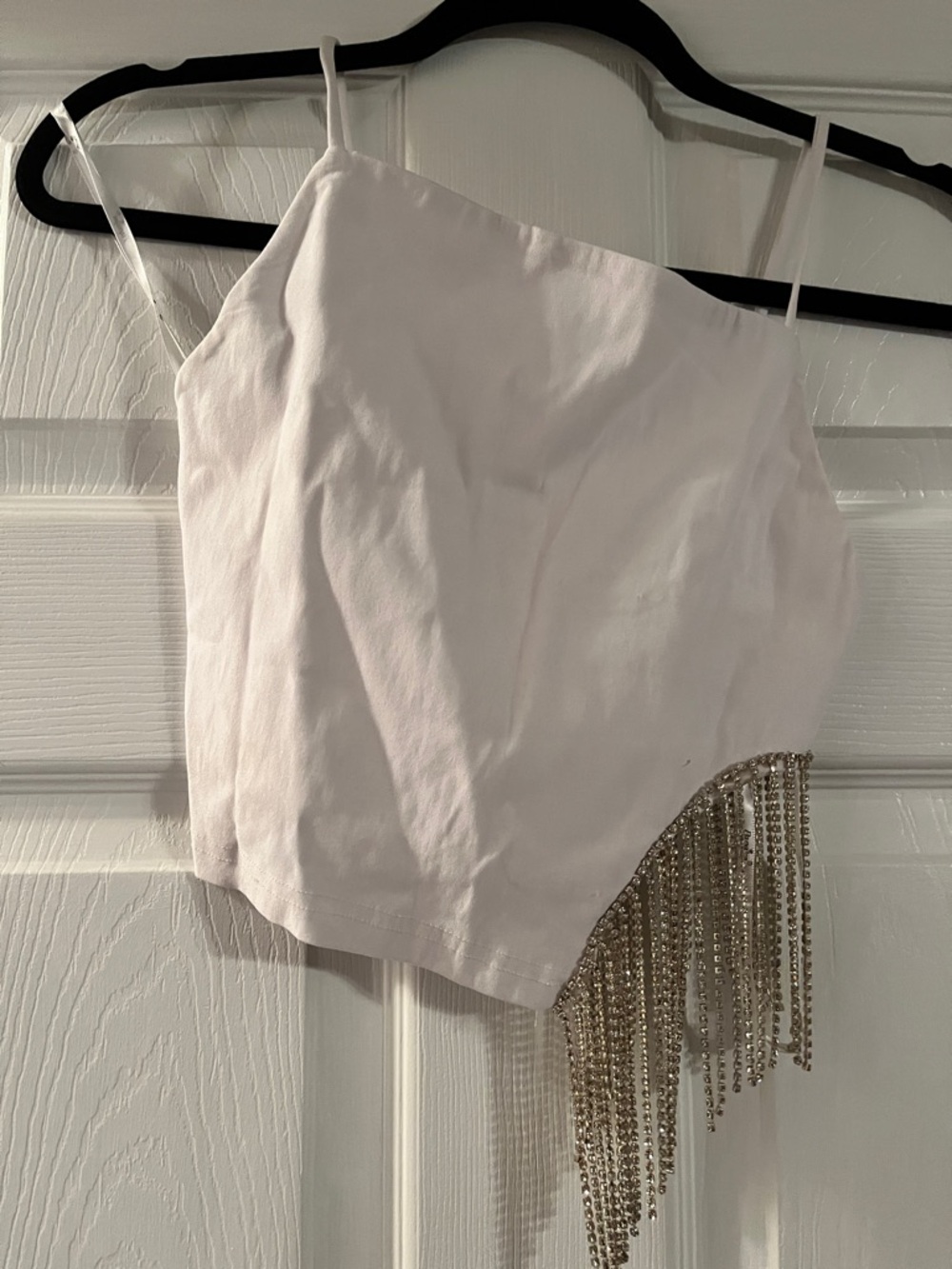 Papaya White Rhinestone Fringe Asymmetric Cami
